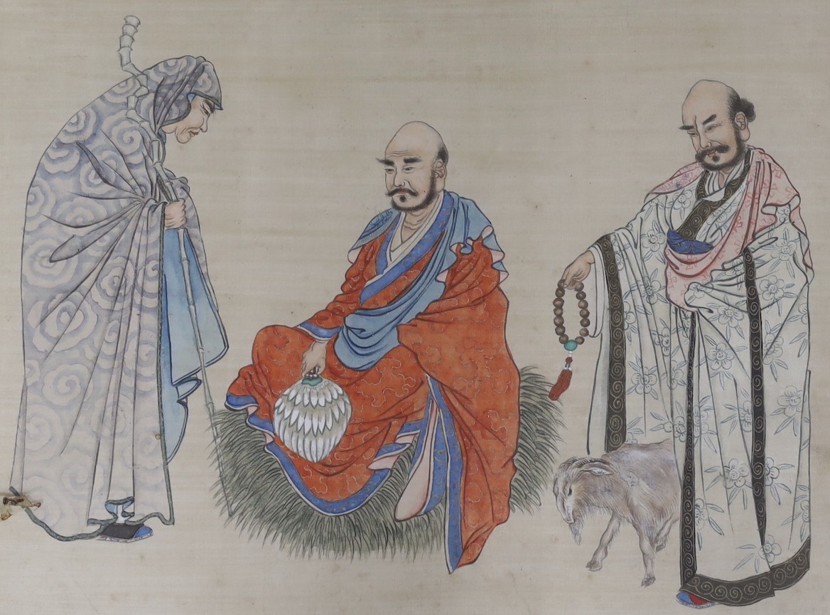 A Chinese painting on silk of three luohan, early 20th century, 38 cms wide x 28 cms high.